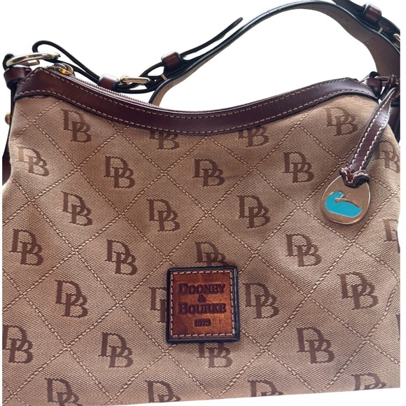 Handbags - Dooney & Bourke Tan Brown Monogram Tote Bag Blue Duck Charm Bag Leather Trim